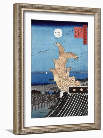 Carved Fish on a Roof and View of Bishu Nagoya, Japanese Wood-Cut Print-Lantern Press-Framed Art Print