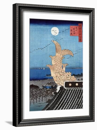 Carved Fish on a Roof and View of Bishu Nagoya, Japanese Wood-Cut Print-Lantern Press-Framed Art Print