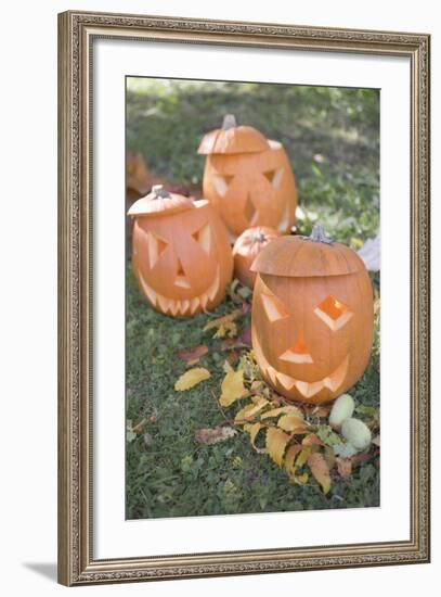 Carved Pumpkin Faces in Garden-Foodcollection-Framed Photographic Print