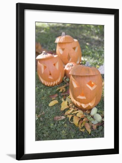 Carved Pumpkin Faces in Garden-Foodcollection-Framed Photographic Print