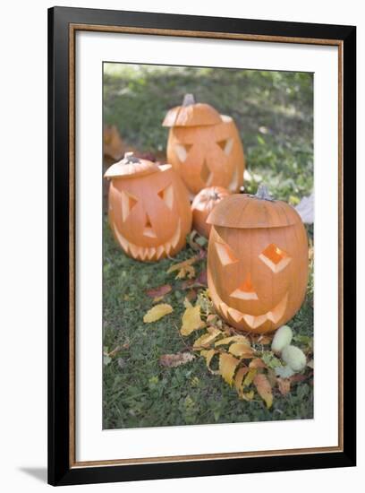 Carved Pumpkin Faces in Garden-Foodcollection-Framed Photographic Print