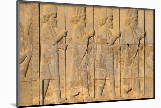 Carved relief of Royal Persian guard, Apadana Palace, Persepolis, UNESCO World Heritage Site, Iran,-James Strachan-Mounted Photographic Print