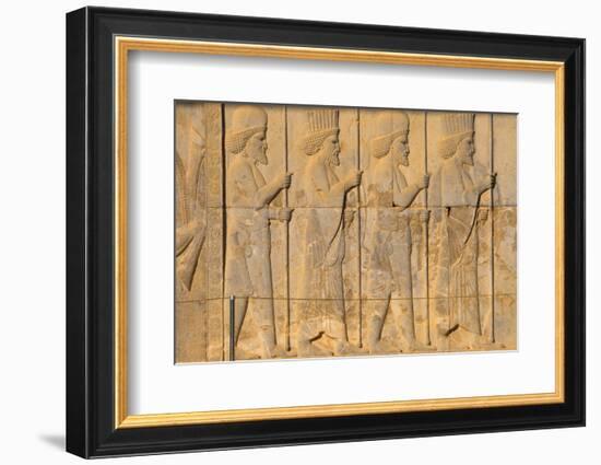 Carved relief of Royal Persian guard, Apadana Palace, Persepolis, UNESCO World Heritage Site, Iran,-James Strachan-Framed Photographic Print