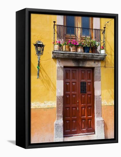 Carved Wooden Door and Balcony, San Miguel, Guanajuato State, Mexico-Julie Eggers-Framed Premier Image Canvas
