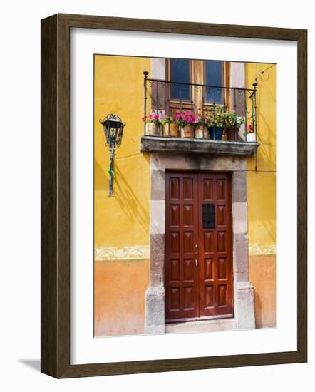 Carved Wooden Door and Balcony, San Miguel, Guanajuato State, Mexico-Julie Eggers-Framed Photographic Print