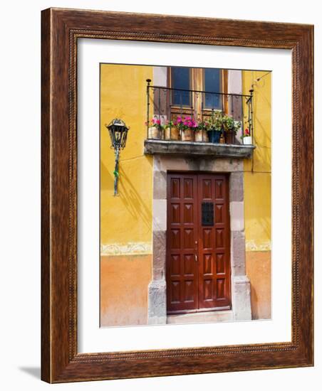 Carved Wooden Door and Balcony, San Miguel, Guanajuato State, Mexico-Julie Eggers-Framed Photographic Print