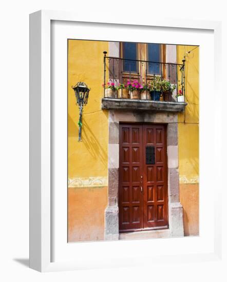 Carved Wooden Door and Balcony, San Miguel, Guanajuato State, Mexico-Julie Eggers-Framed Photographic Print