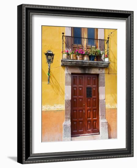 Carved Wooden Door and Balcony, San Miguel, Guanajuato State, Mexico-Julie Eggers-Framed Photographic Print