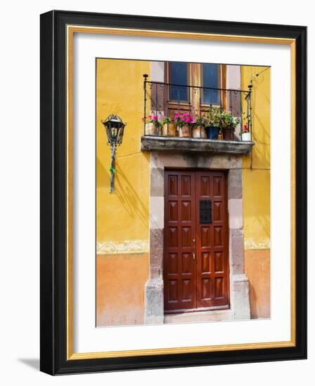 Carved Wooden Door and Balcony, San Miguel, Guanajuato State, Mexico-Julie Eggers-Framed Photographic Print