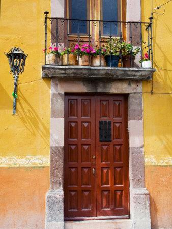 Carved Wooden Door And Balcony San Miguel Guanajuato State