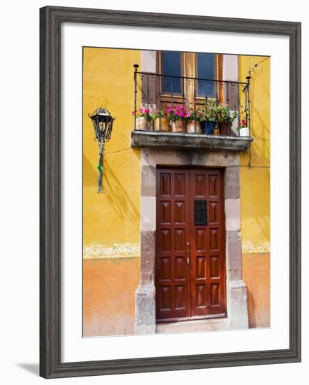 Carved Wooden Door and Balcony, San Miguel, Guanajuato State, Mexico-Julie Eggers-Framed Photographic Print