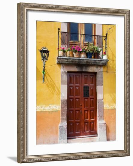 Carved Wooden Door and Balcony, San Miguel, Guanajuato State, Mexico-Julie Eggers-Framed Photographic Print