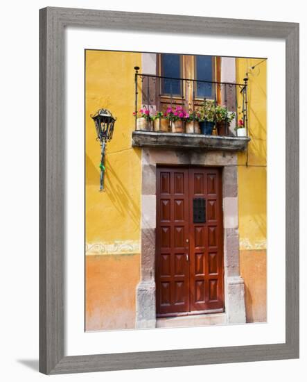 Carved Wooden Door and Balcony, San Miguel, Guanajuato State, Mexico-Julie Eggers-Framed Photographic Print