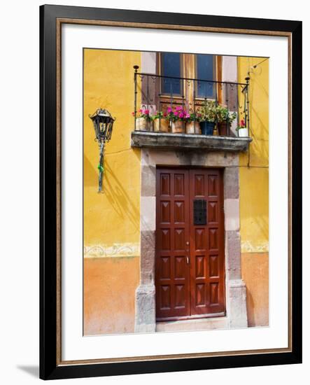 Carved Wooden Door and Balcony, San Miguel, Guanajuato State, Mexico-Julie Eggers-Framed Photographic Print