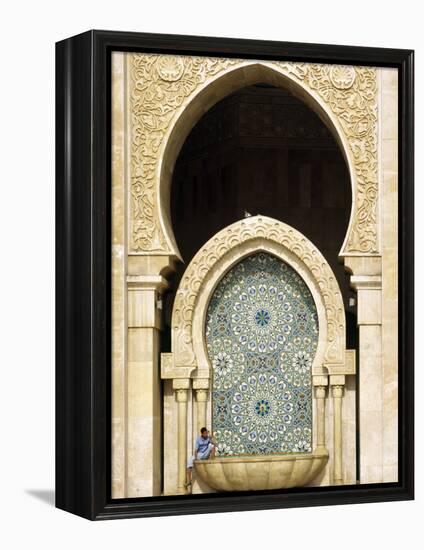 Casablanca a Visitor Is Dwarfed by the Towering Mosaic Tilework of the Hassan Ii Mosque, Morocco-Andrew Watson-Framed Premier Image Canvas