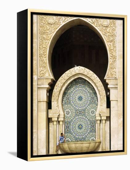 Casablanca a Visitor Is Dwarfed by the Towering Mosaic Tilework of the Hassan Ii Mosque, Morocco-Andrew Watson-Framed Premier Image Canvas