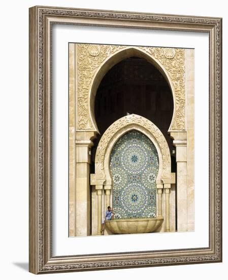 Casablanca a Visitor Is Dwarfed by the Towering Mosaic Tilework of the Hassan Ii Mosque, Morocco-Andrew Watson-Framed Photographic Print
