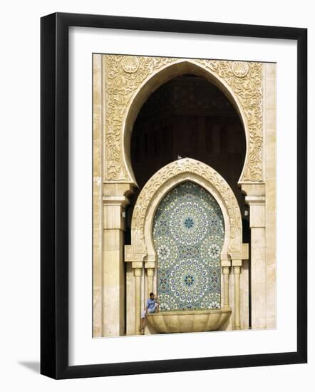 Casablanca a Visitor Is Dwarfed by the Towering Mosaic Tilework of the Hassan Ii Mosque, Morocco-Andrew Watson-Framed Photographic Print