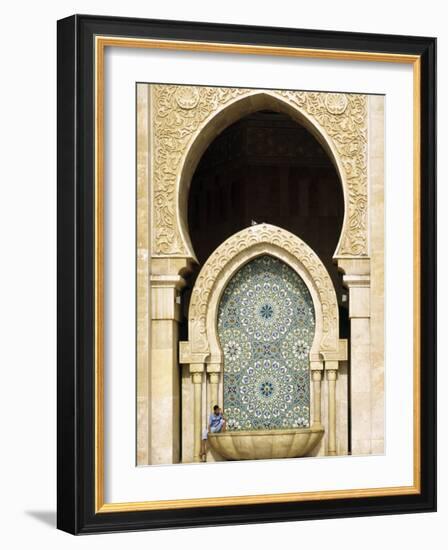 Casablanca a Visitor Is Dwarfed by the Towering Mosaic Tilework of the Hassan Ii Mosque, Morocco-Andrew Watson-Framed Photographic Print