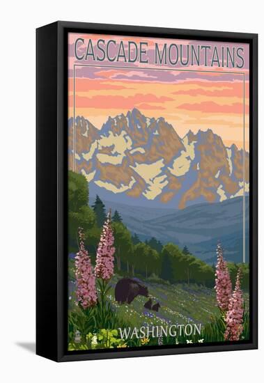 Cascade Mountains, Washington - Bears and Spring Flowers-Lantern Press-Framed Stretched Canvas