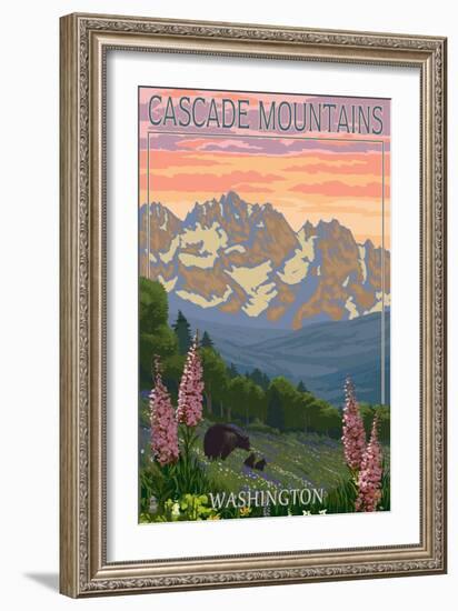 Cascade Mountains, Washington - Bears and Spring Flowers-Lantern Press-Framed Art Print