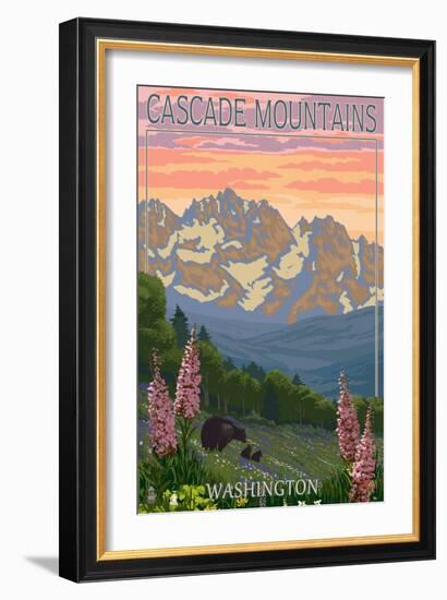 Cascade Mountains, Washington - Bears and Spring Flowers-Lantern Press-Framed Art Print