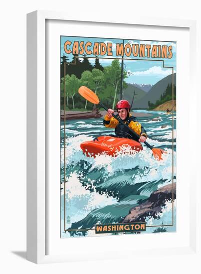 Cascade Mountains, Washington - Kayak Scene-Lantern Press-Framed Art Print