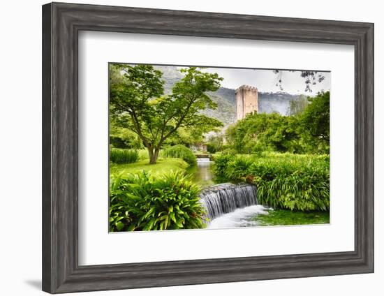 Cascading Creek in a Garden with a Medieval Tower-George Oze-Framed Photographic Print