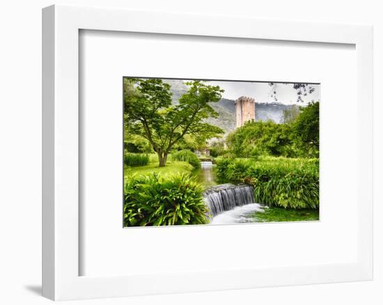 Cascading Creek in a Garden with a Medieval Tower-George Oze-Framed Photographic Print