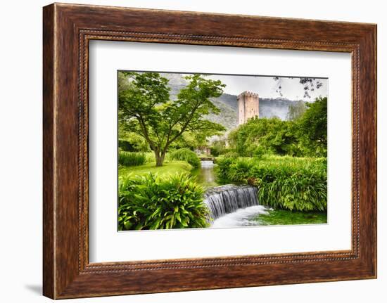 Cascading Creek in a Garden with a Medieval Tower-George Oze-Framed Photographic Print