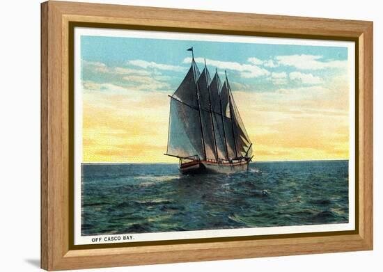 Casco Bay, Maine - View of a Sailboat off the Bay-Lantern Press-Framed Stretched Canvas