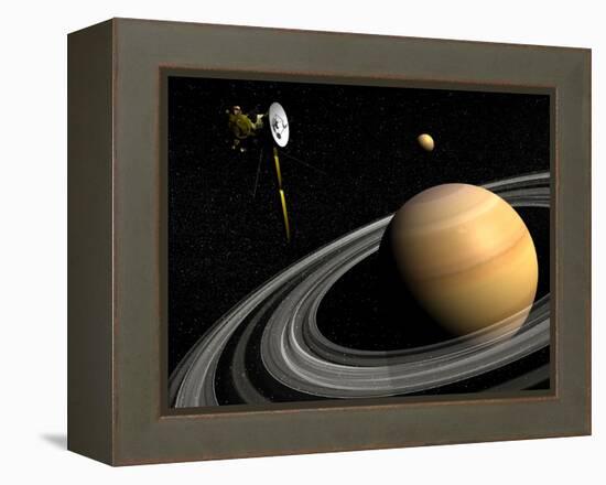 Cassini Spacecraft Orbiting Saturn and And its Moon Titan-null-Framed Stretched Canvas