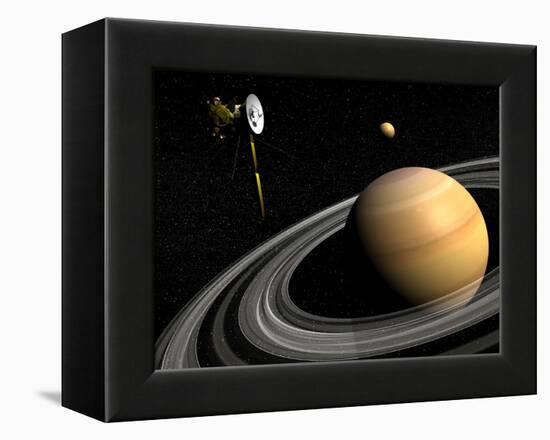 Cassini Spacecraft Orbiting Saturn and And its Moon Titan-null-Framed Stretched Canvas