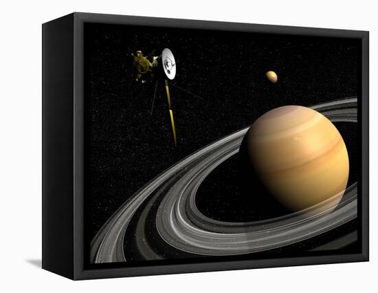 Cassini Spacecraft Orbiting Saturn and And its Moon Titan-null-Framed Stretched Canvas