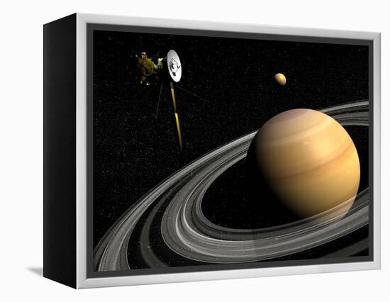 Cassini Spacecraft Orbiting Saturn and And its Moon Titan-null-Framed Stretched Canvas