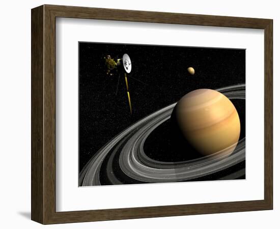 Cassini Spacecraft Orbiting Saturn and And its Moon Titan-null-Framed Premium Giclee Print