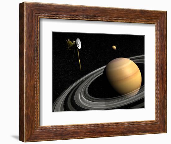 Cassini Spacecraft Orbiting Saturn and And its Moon Titan-null-Framed Premium Giclee Print