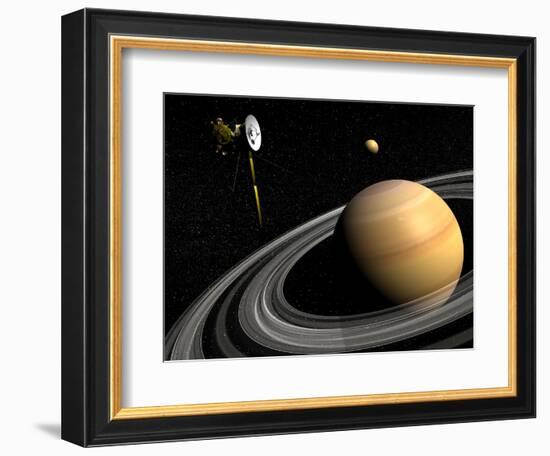 Cassini Spacecraft Orbiting Saturn and And its Moon Titan-null-Framed Art Print