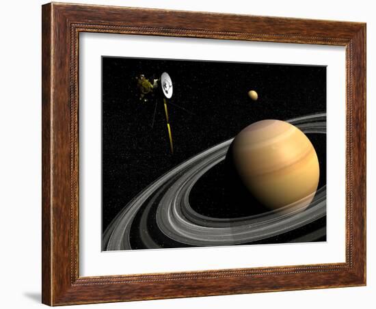 Cassini Spacecraft Orbiting Saturn and And its Moon Titan-null-Framed Art Print