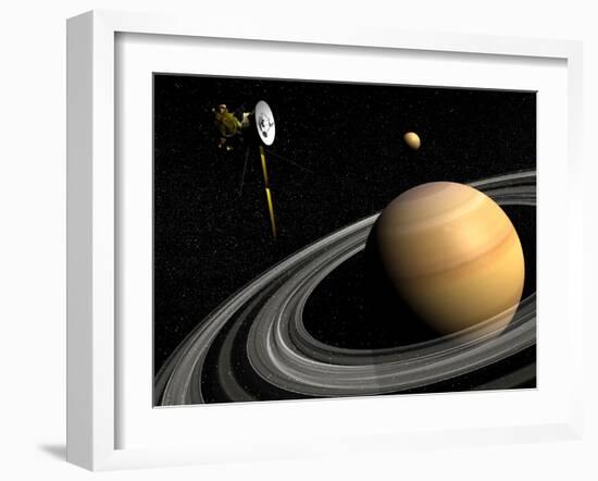 Cassini Spacecraft Orbiting Saturn and And its Moon Titan-null-Framed Art Print