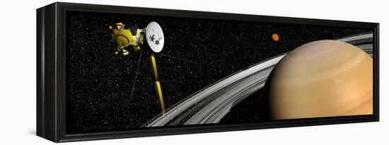 Cassini Spacecraft Orbiting Saturn and And its Moon Titan-null-Framed Stretched Canvas