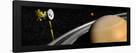 Cassini Spacecraft Orbiting Saturn and And its Moon Titan-null-Framed Art Print