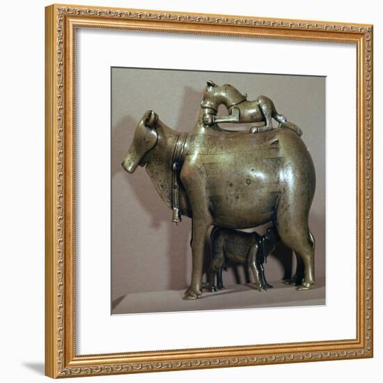 Cast bronze zebu-cow suckling her calf while a lion attacks her back, 13th century. Artist: Unknown-Unknown-Framed Giclee Print