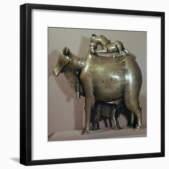 Cast bronze zebu-cow suckling her calf while a lion attacks her back, 13th century. Artist: Unknown-Unknown-Framed Giclee Print