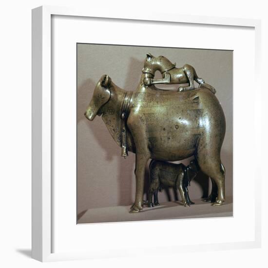 Cast bronze zebu-cow suckling her calf while a lion attacks her back, 13th century. Artist: Unknown-Unknown-Framed Giclee Print