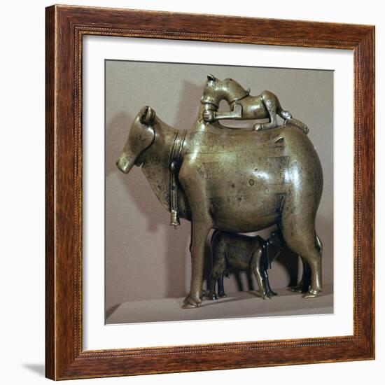 Cast bronze zebu-cow suckling her calf while a lion attacks her back, 13th century. Artist: Unknown-Unknown-Framed Giclee Print