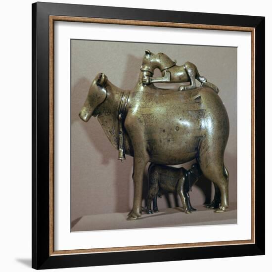 Cast bronze zebu-cow suckling her calf while a lion attacks her back, 13th century. Artist: Unknown-Unknown-Framed Giclee Print