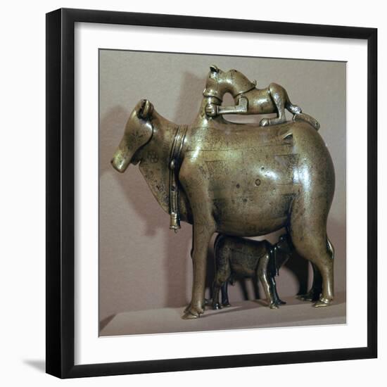 Cast bronze zebu-cow suckling her calf while a lion attacks her back, 13th century. Artist: Unknown-Unknown-Framed Giclee Print