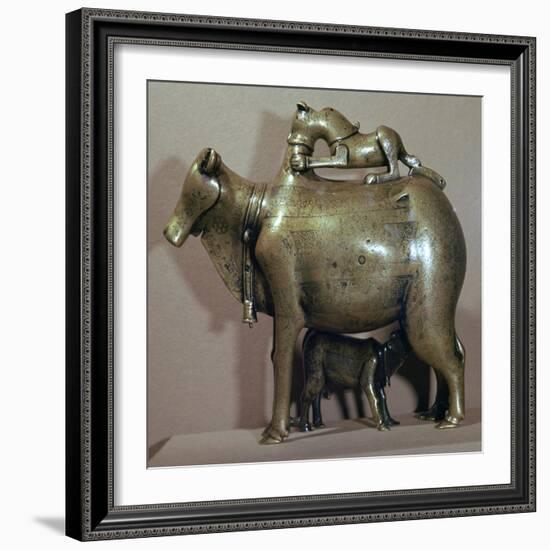 Cast bronze zebu-cow suckling her calf while a lion attacks her back, 13th century. Artist: Unknown-Unknown-Framed Giclee Print