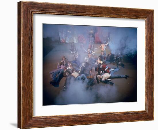 Cast Singing and Lolling About on Incense-Smoke-Filled Stage in Scene from Musical "Hair"-Ralph Morse-Framed Photographic Print